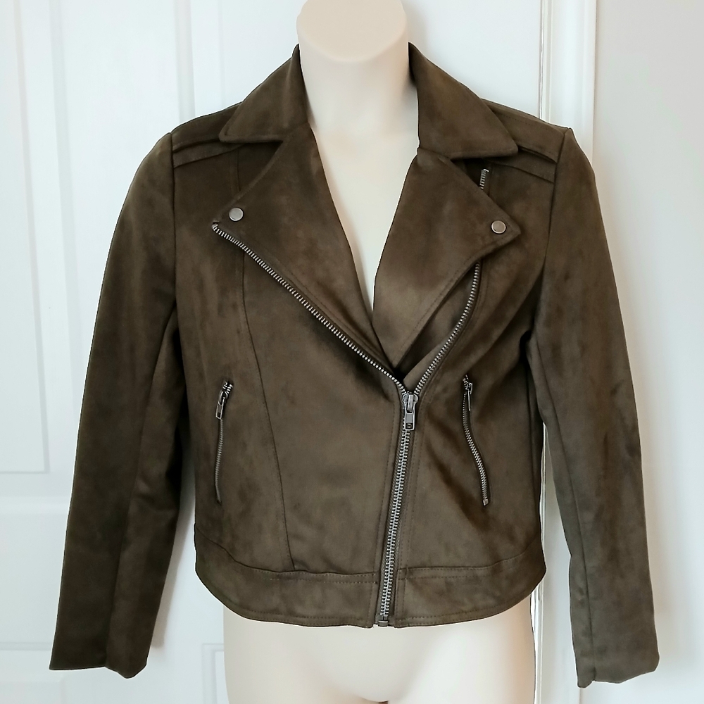 Philosophy Olive Green Faux Suede Moto Jacket Biker Zip Details Casual Chic M